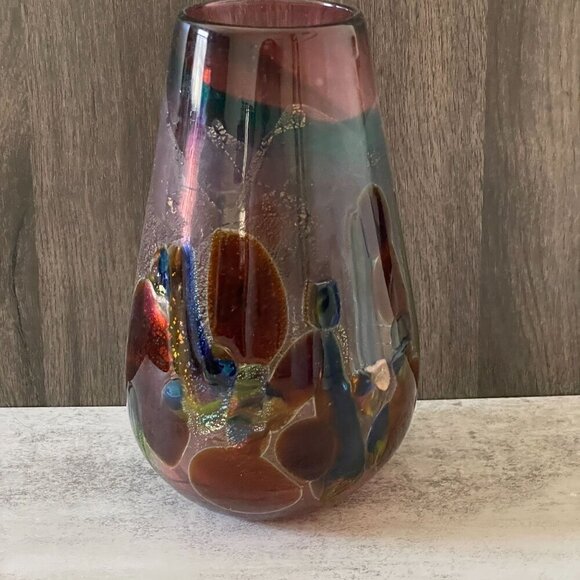 Michal Stanek Hand Blown Glass Tapered Purple Multicolor Vase Signed USA 8.5